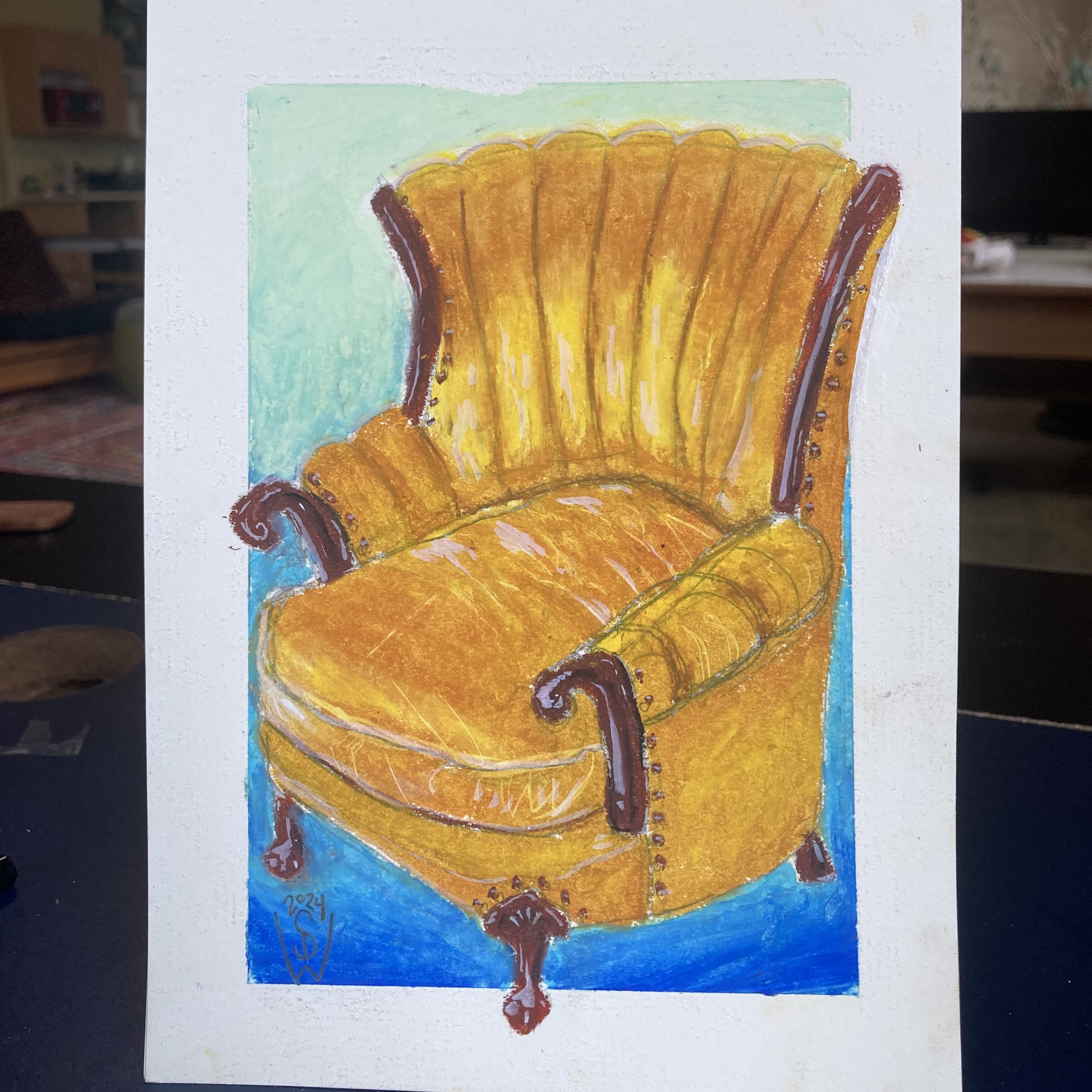 Yellow Velvet Chair in Oil Pastel